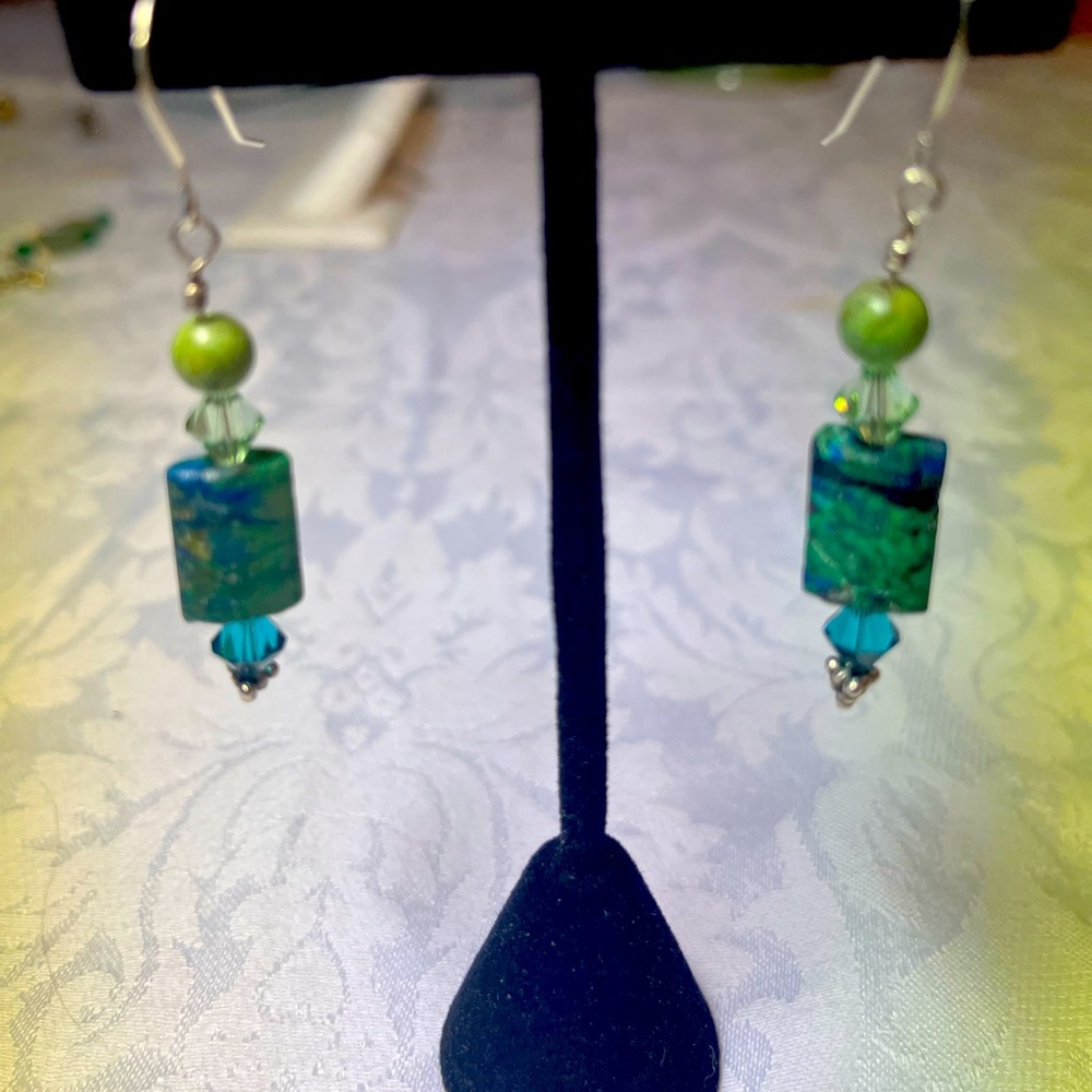 Elegant Blue and Green Stone and Crystal Dangle Earrings